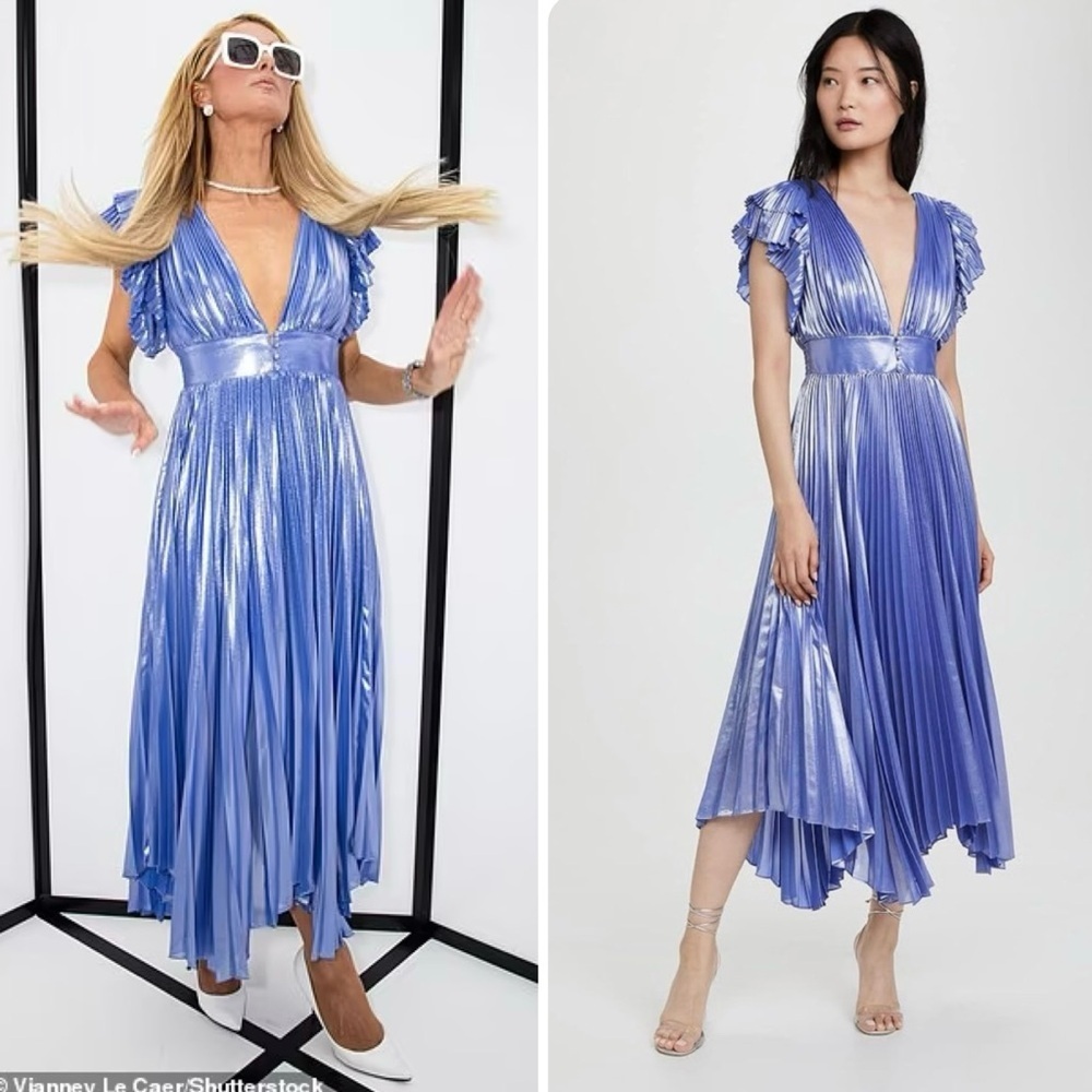 WORN BY PARIS HILTON Alice+Olivia Niesha Metallic Handkerchief Midi Dress Blue 0